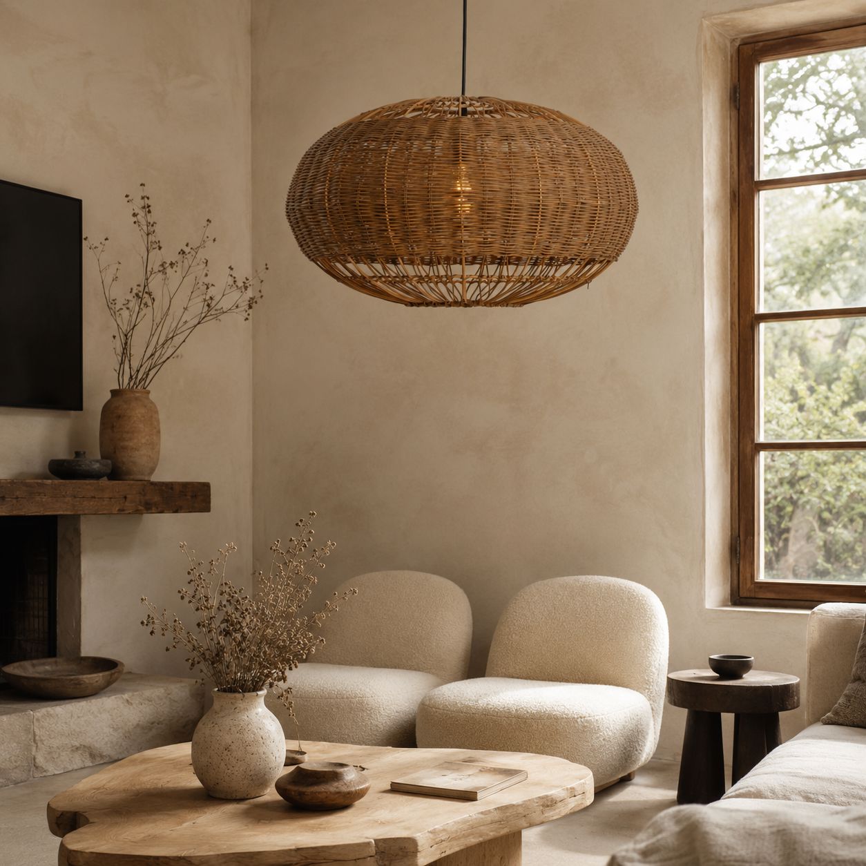 Lightsin Handcrafted Rattan Pendant Light in Flat Round Basket Shape Lightsin UK