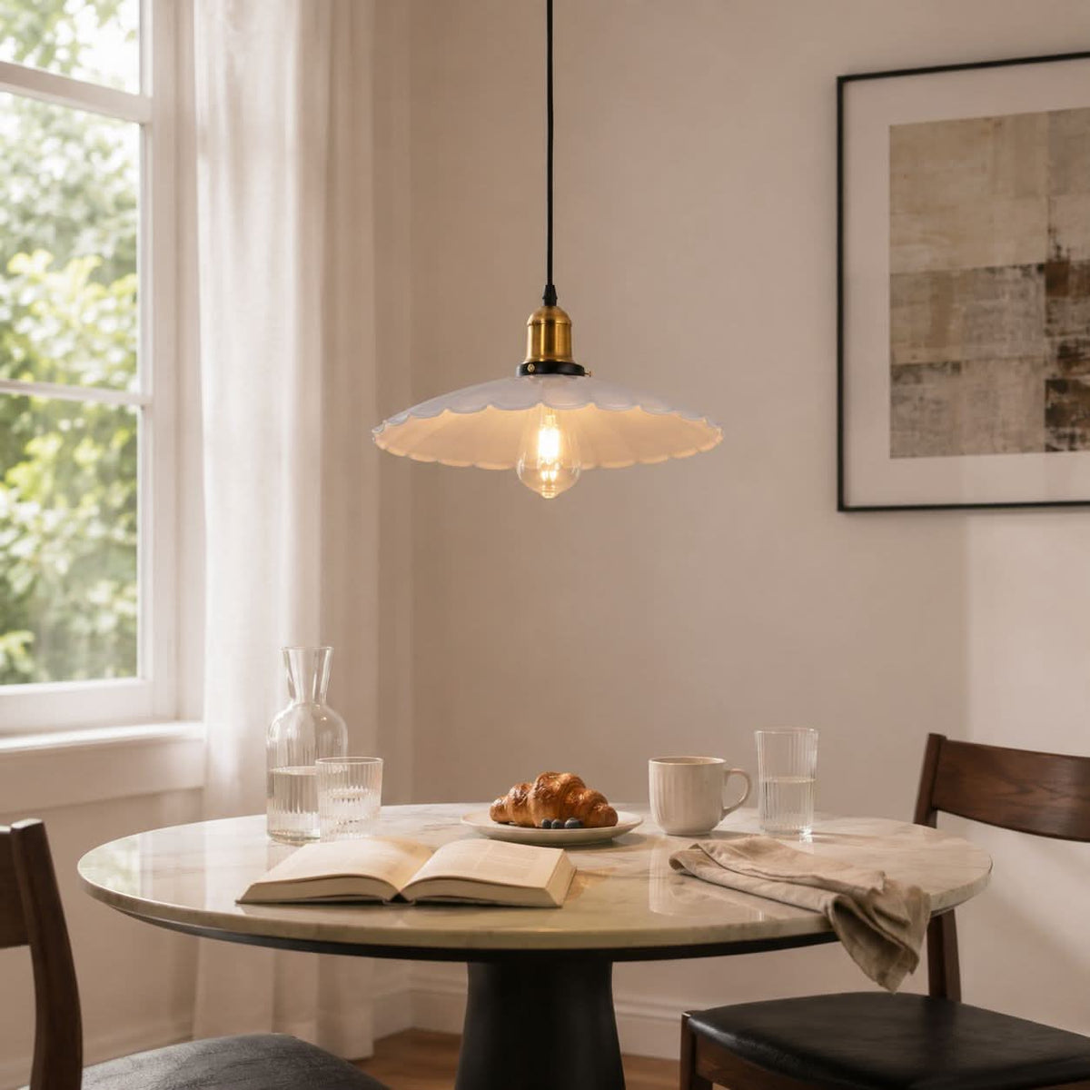 white iron pendant light in a warm living room