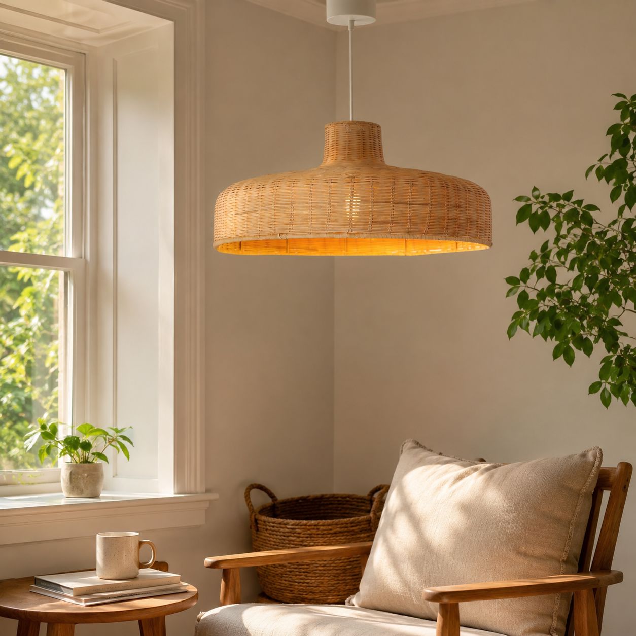 Lightsin Flat Teapot-Shaped Japanese Rattan Pendant Light – Natural Elegance Lightsin UK