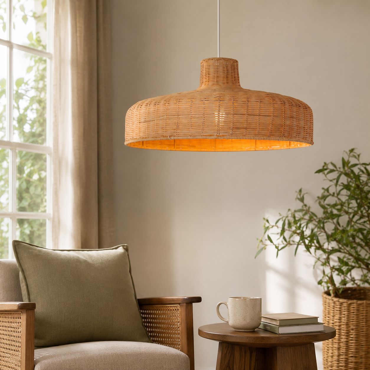 Lightsin Flat Teapot-Shaped Japanese Rattan Pendant Light – Natural Elegance Lightsin UK