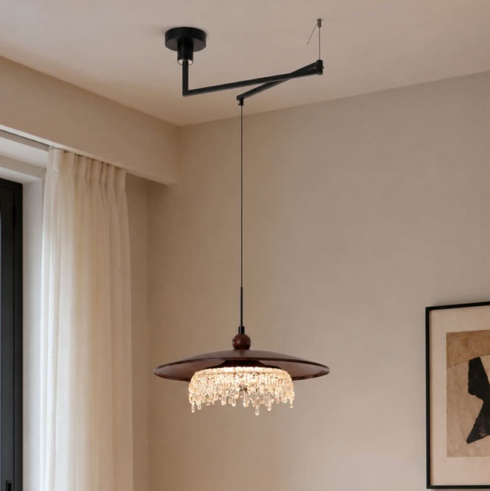 walnut folding acrylic pendant light shown as a clean product view