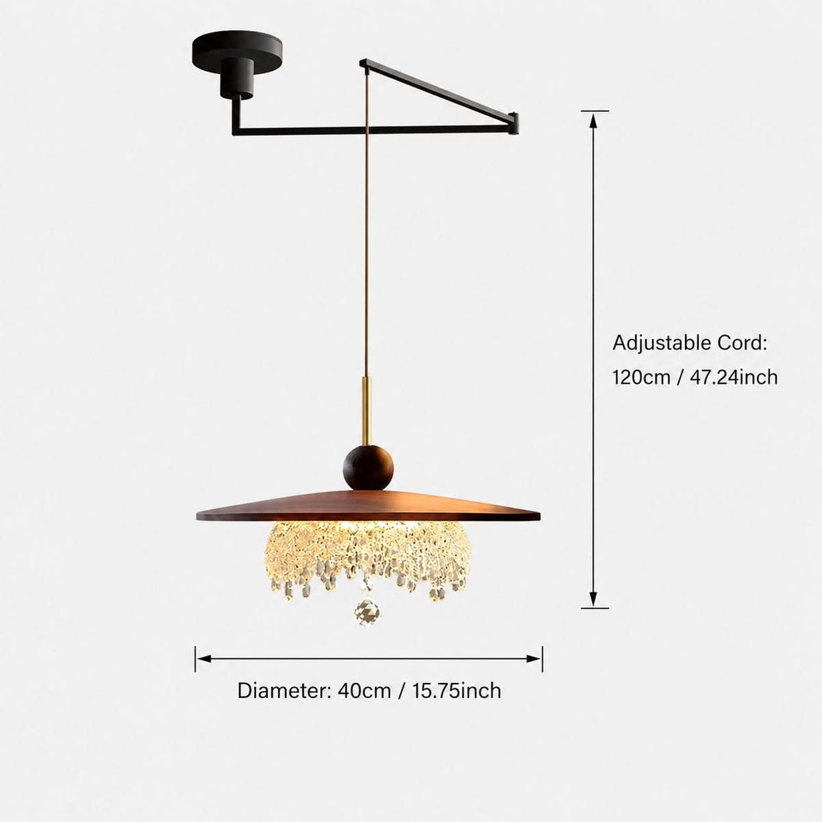 walnut folding acrylic pendant light with a clear size guide
