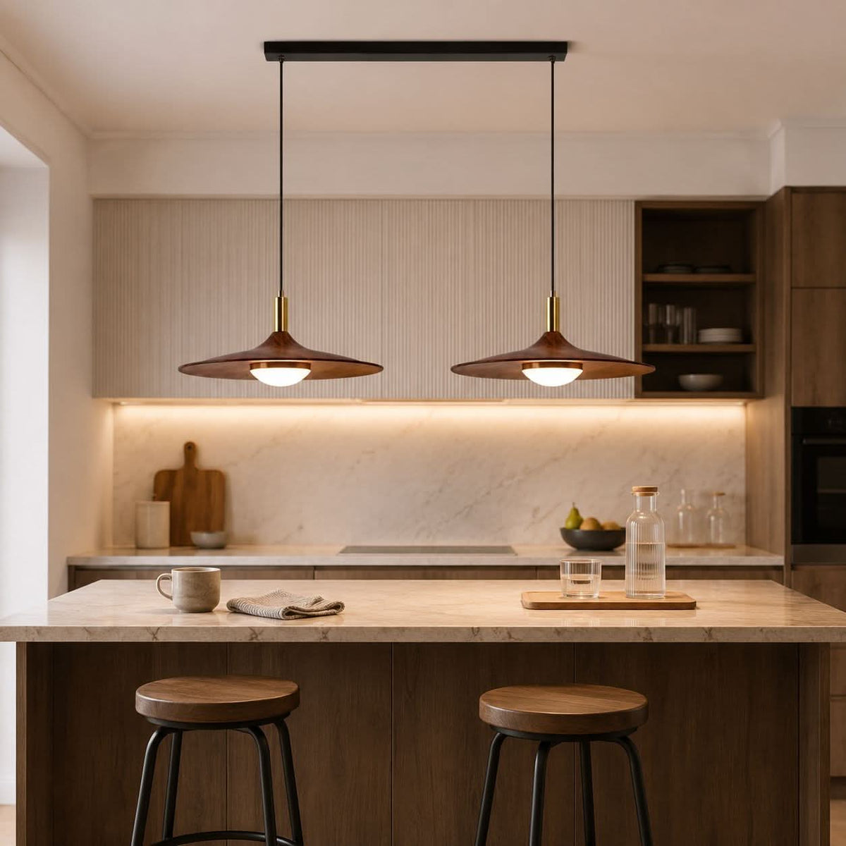 walnut double pendant light styled in a calm bedroom