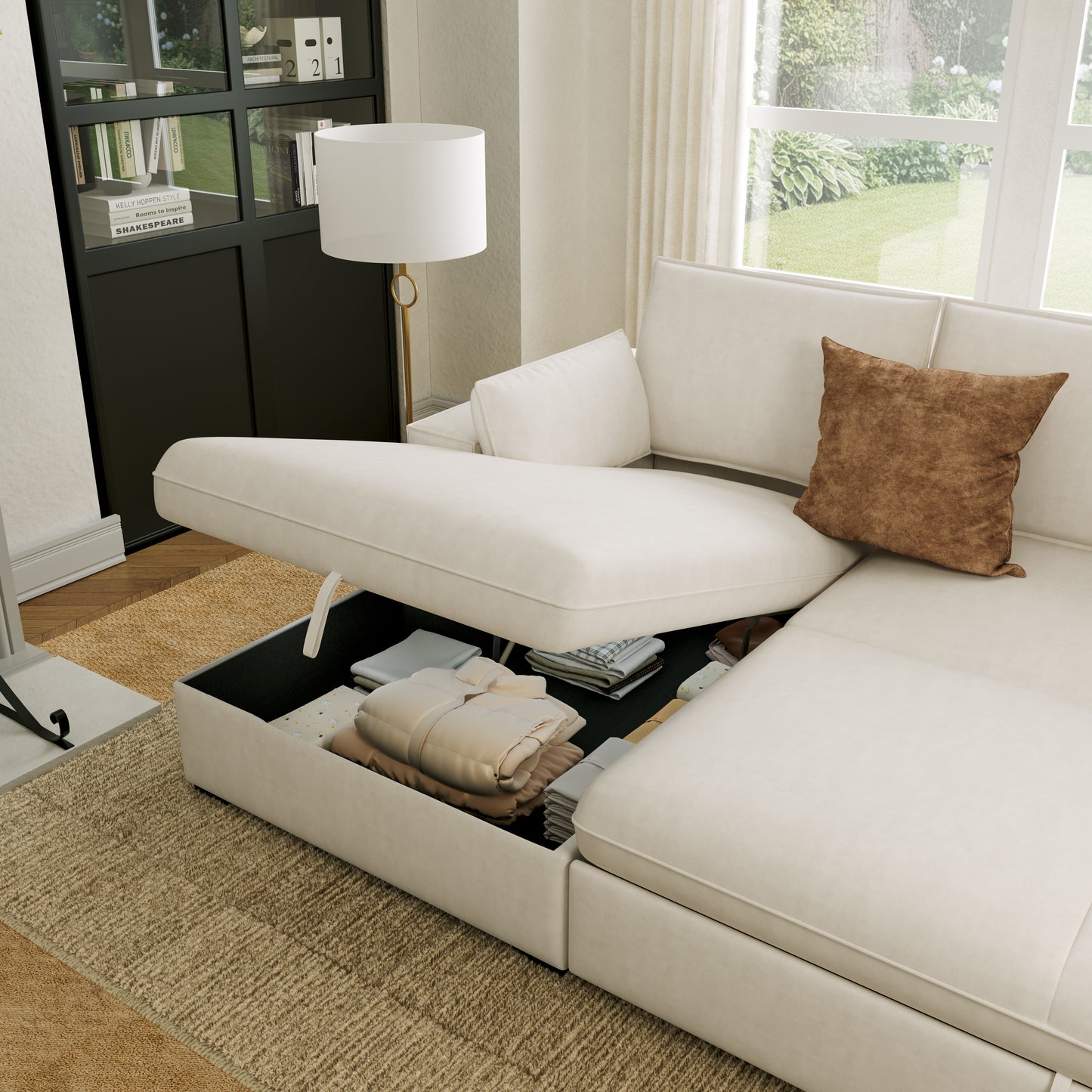 Creamy Tofu Block Pullout Sofa Bed with Storage