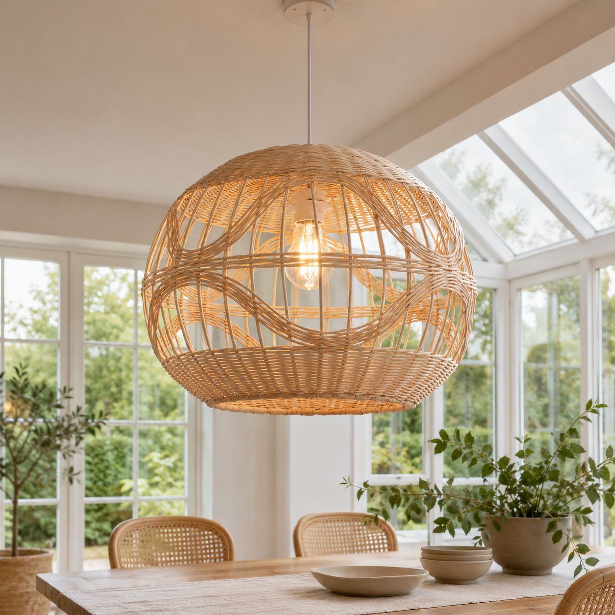 Lightsin Sustainable Handwoven Spherical Rattan Pendant Light with Wave Details Lightsin UK