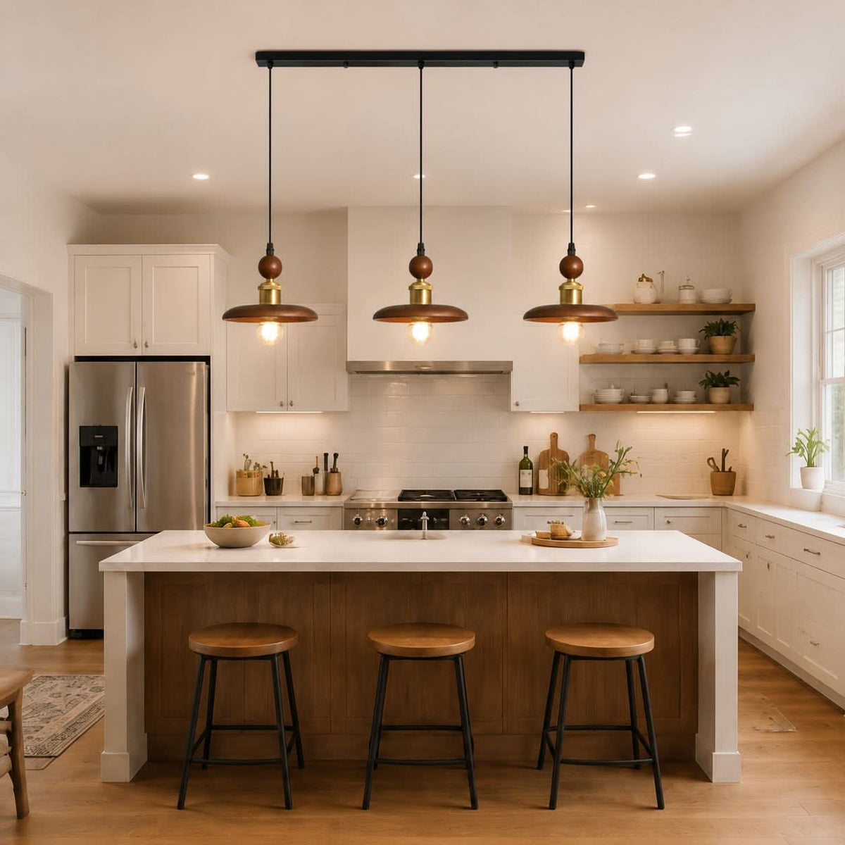 3-light walnut wood mini pendant styled in a calm bedroom