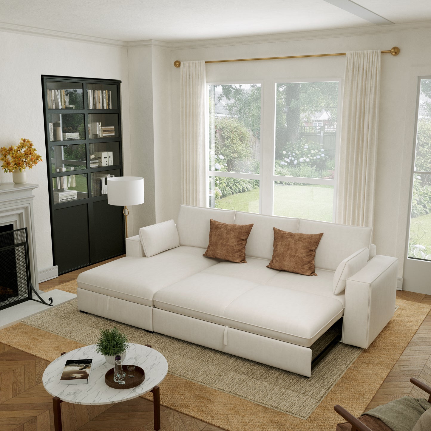 Creamy Tofu Block Pullout Sofa Bed with Storage