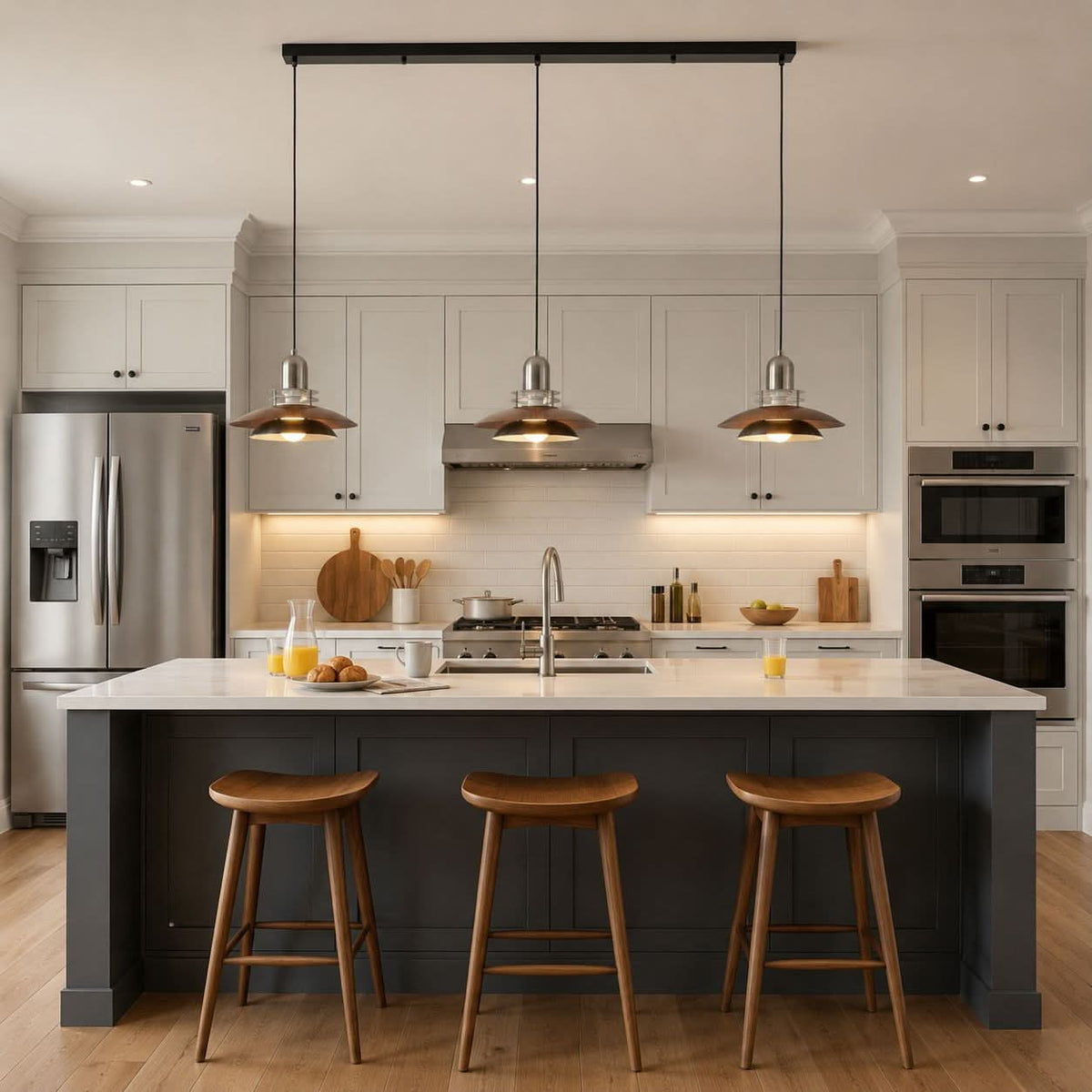3-light walnut iron bar pendant over a kitchen island