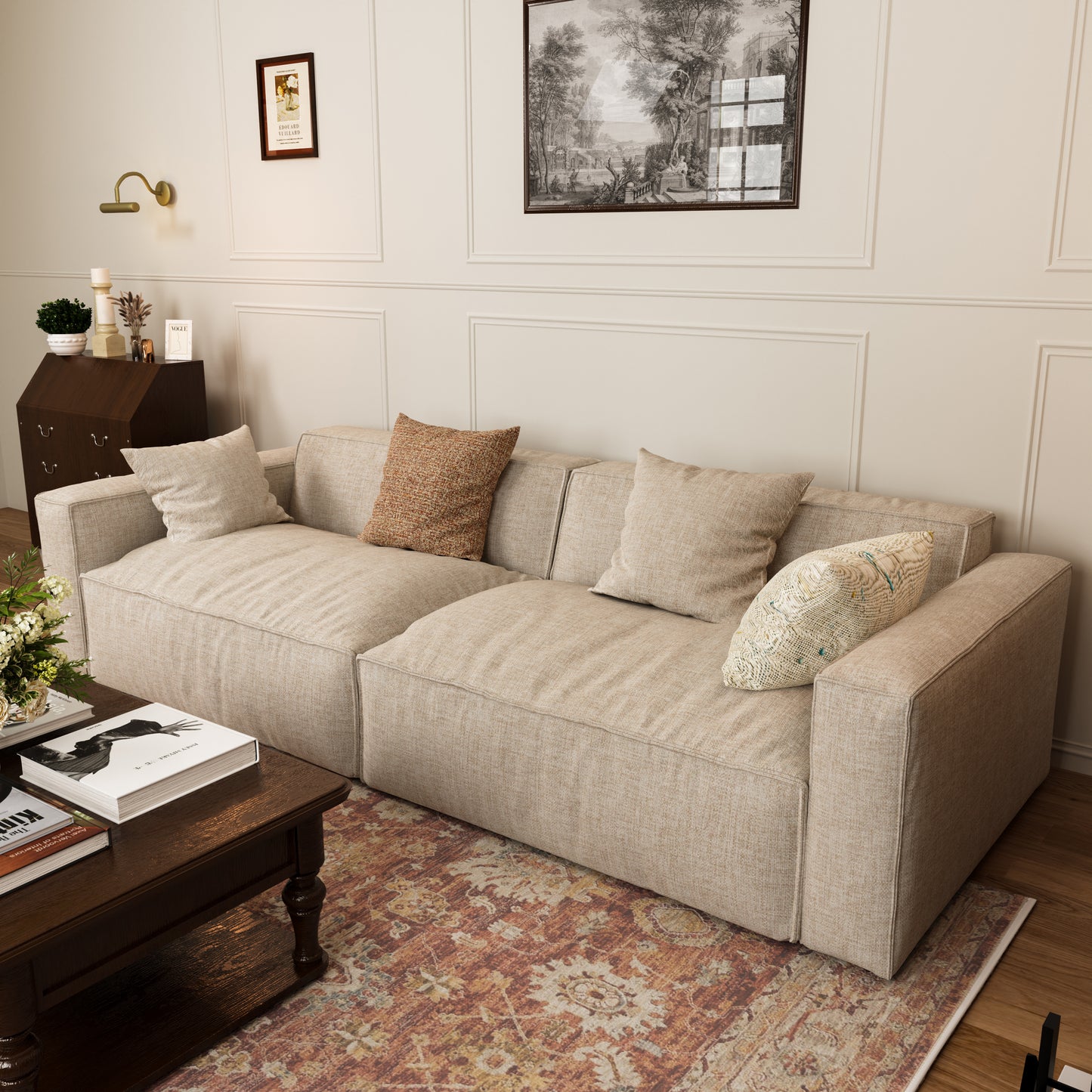 Elegant Linen Tofu Block Fabric Down Sofa
