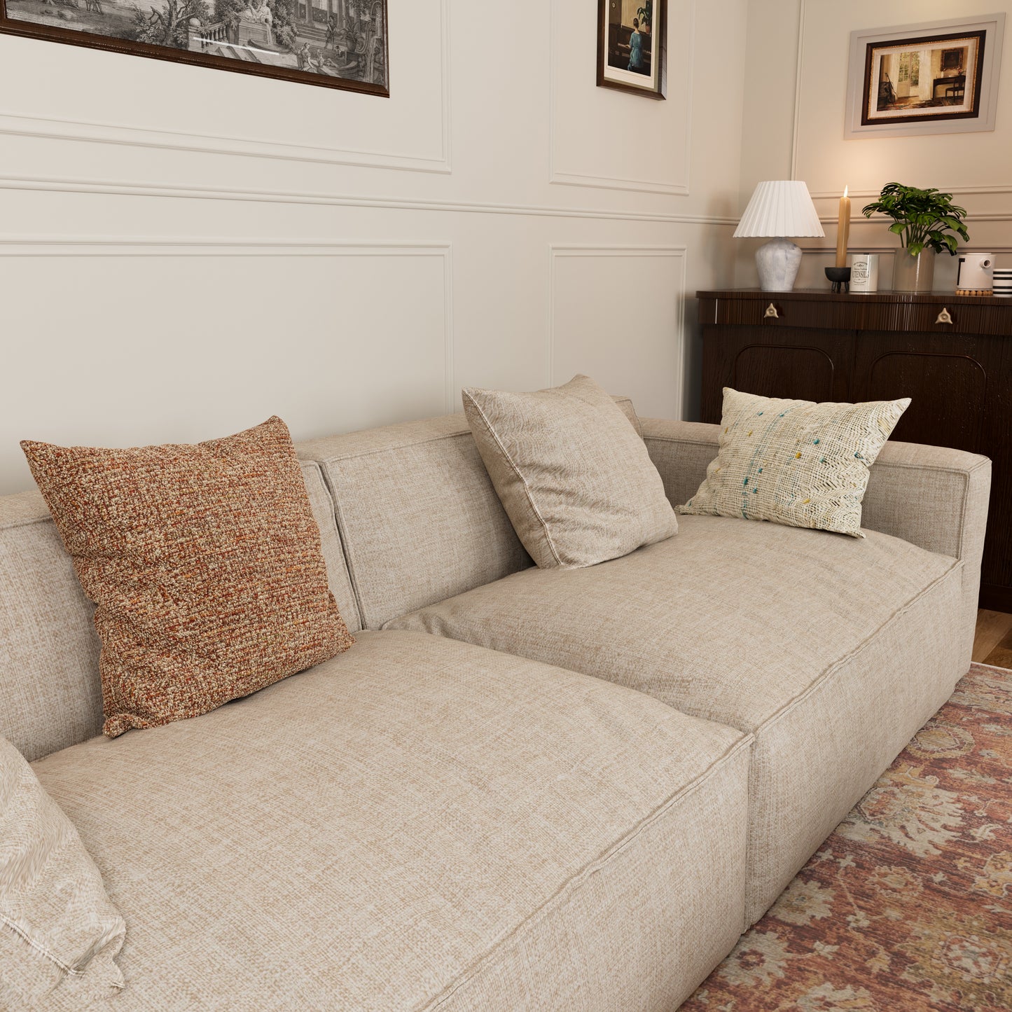 Elegant Linen Tofu Block Fabric Down Sofa