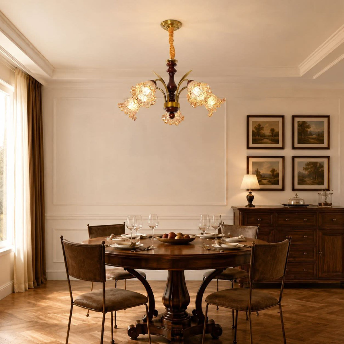 5-light copper chandelier with flower glass shades styled in a warm living room