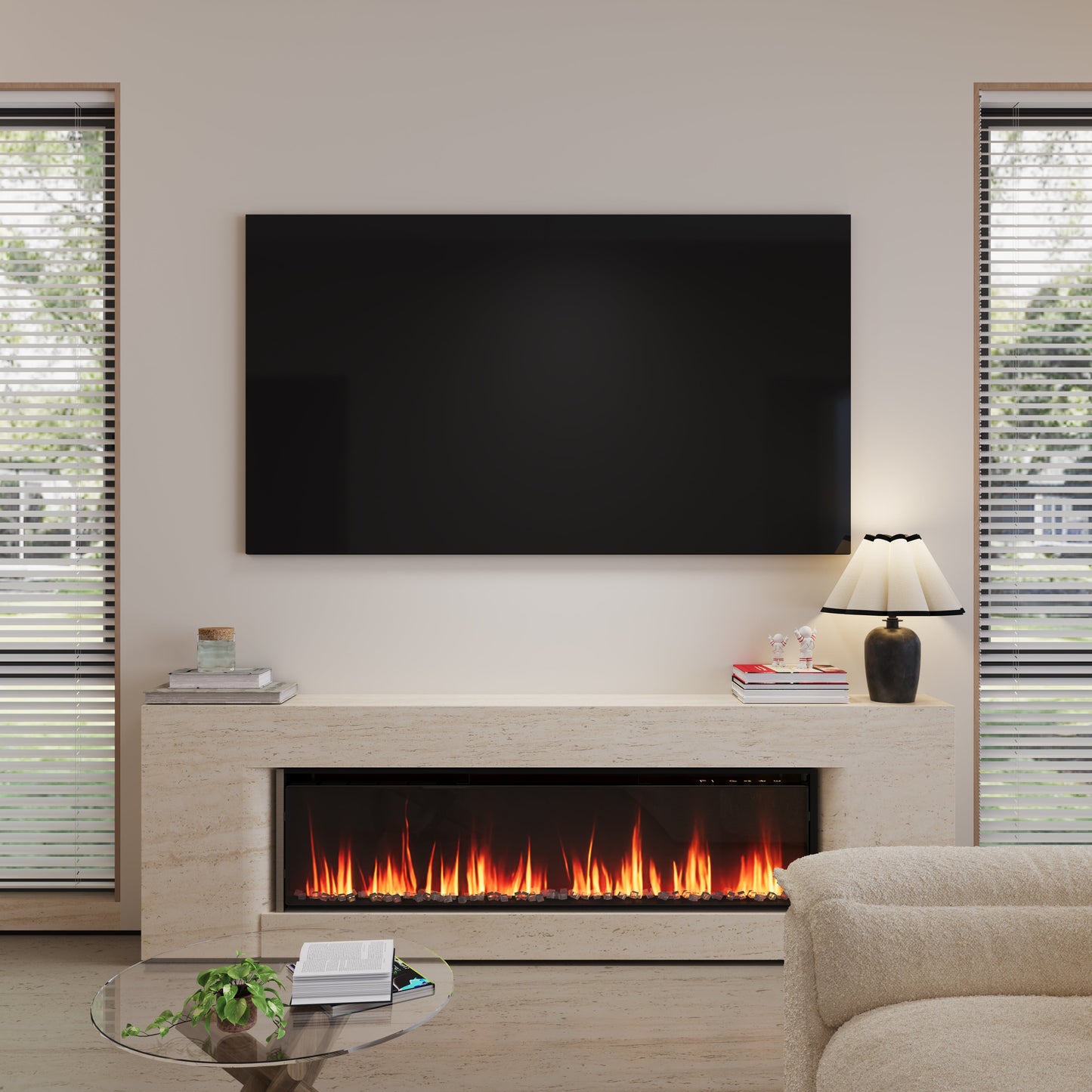 40/50/60inch Black Wall Mounted & Recessed Electric Fireplace with Adjustable Flame & Brightness