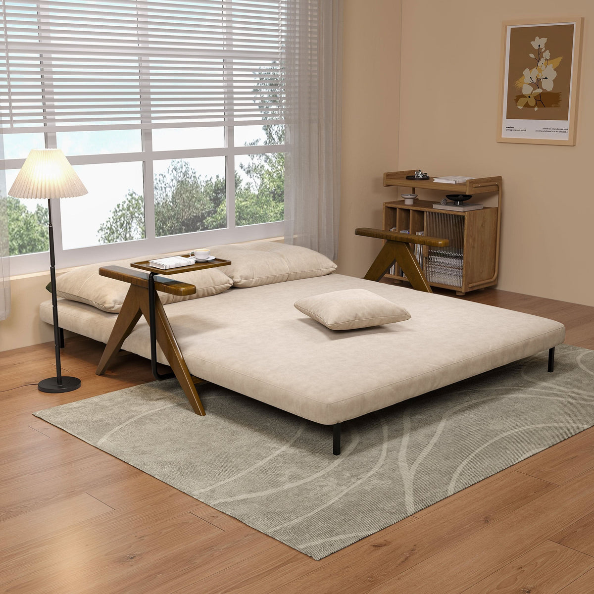 Cottonfy Foldable Matte Fabric Solid Wood 3 Mode Sofa Bed Living and home Beige 166CM Sofa Bed Matte Fabric