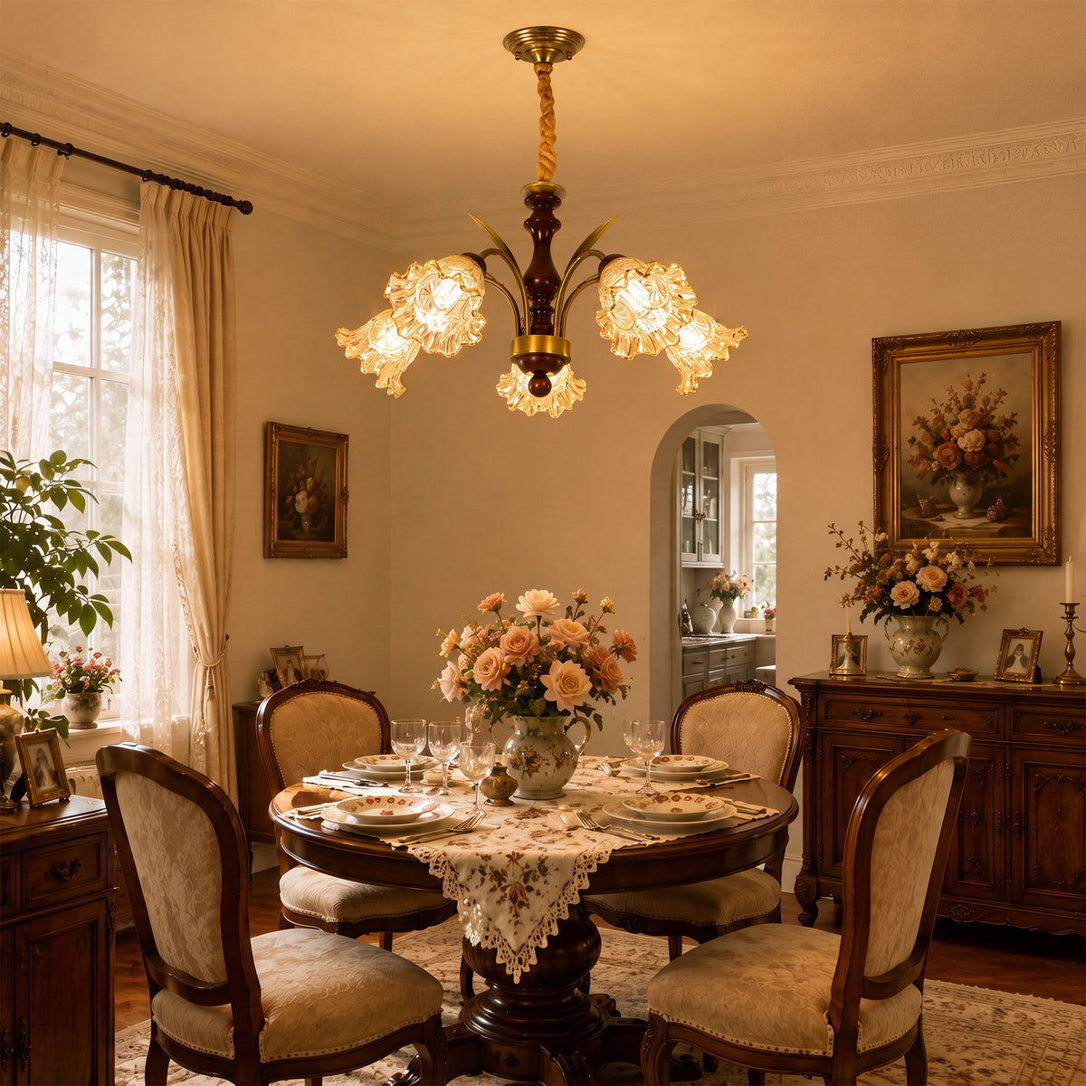 5-light copper chandelier with flower glass shades in an elegant lounge setting