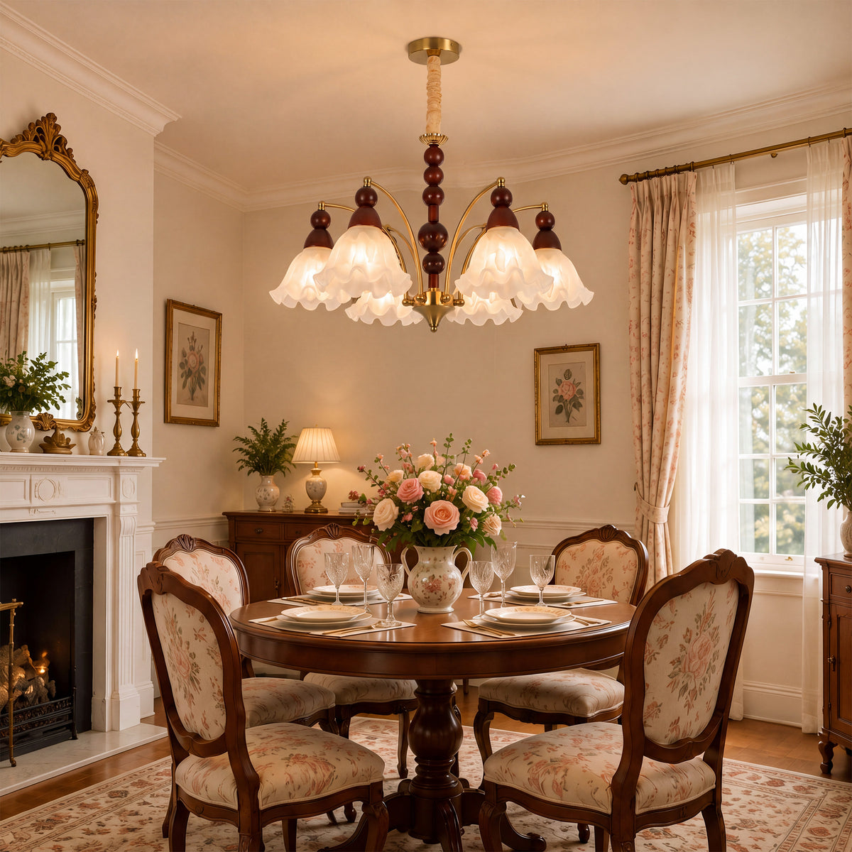 6-light chandelier with white glass shades in an elegant lounge setting