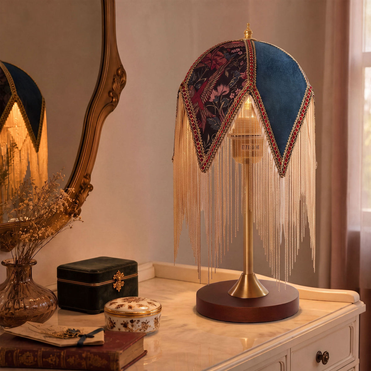 mid-century tassel table lamp beside books and evening decor