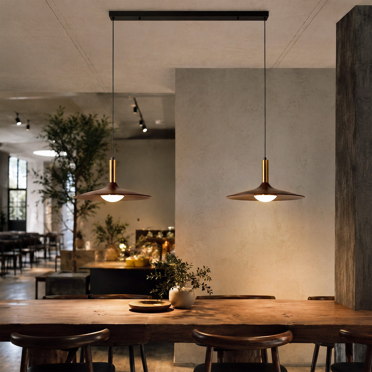 walnut double pendant light shown as a clean product view