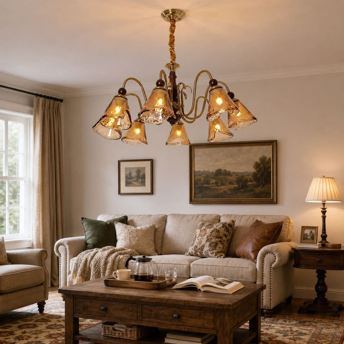 8-light walnut chandelier with amber cut glass shades shown as a clean product view