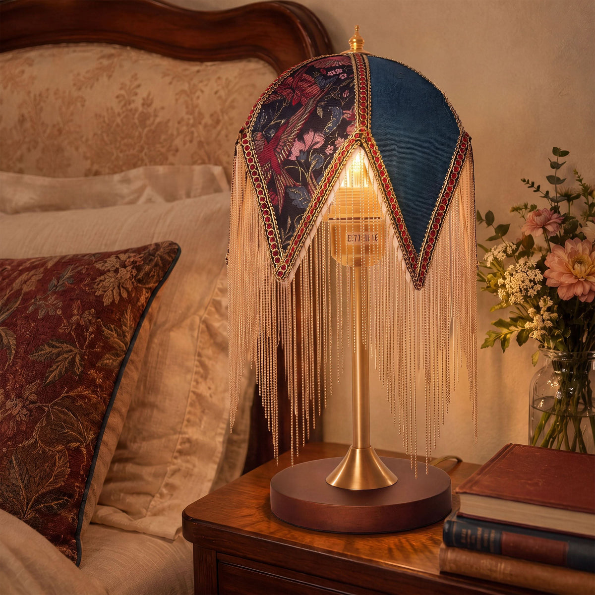 mid-century tassel table lamp styled on a small side table