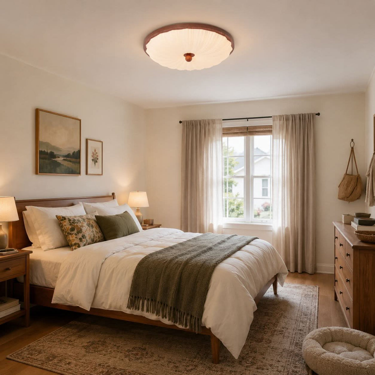 walnut scalloped acrylic ceiling light shown as a clean product view