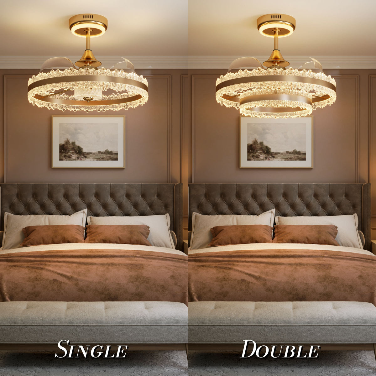 Single and double gold crystal ceiling fan light options shown above beds