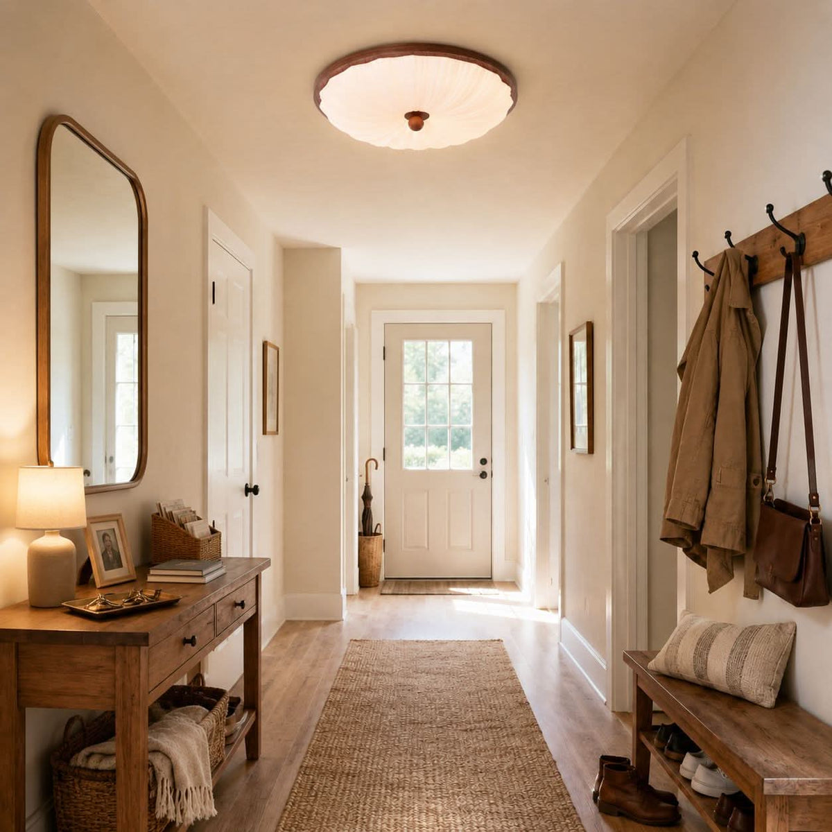 walnut scalloped acrylic ceiling light in a soft neutral room setting