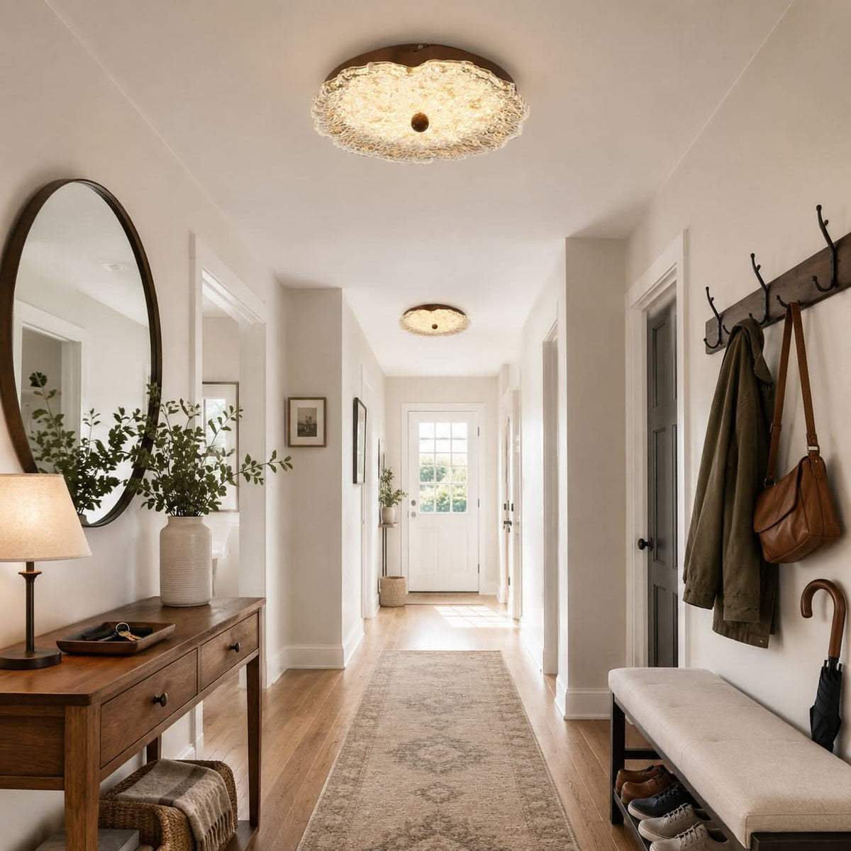 walnut ripple acrylic ceiling light in a soft neutral room setting