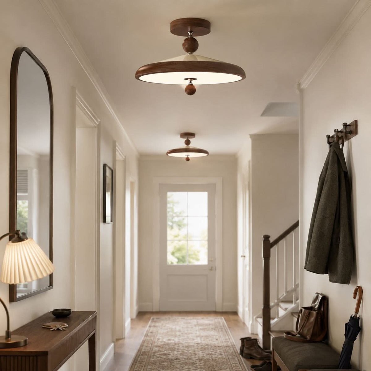 walnut two-globe flush ceiling light shown as a clean product view