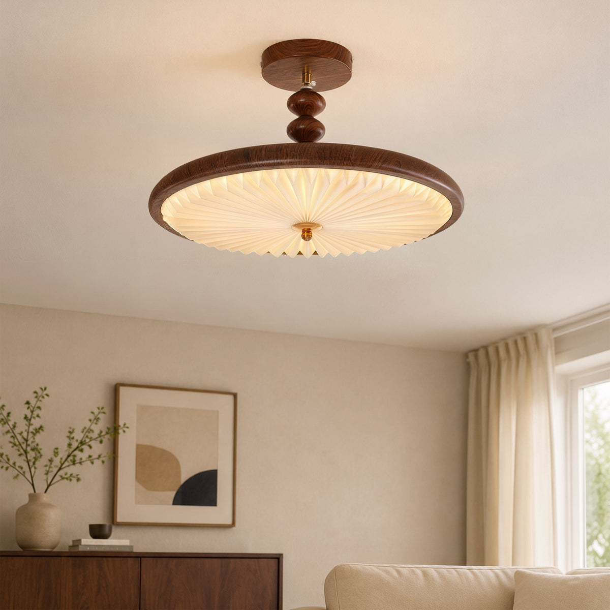 walnut pleated flush ceiling light brightening a living room