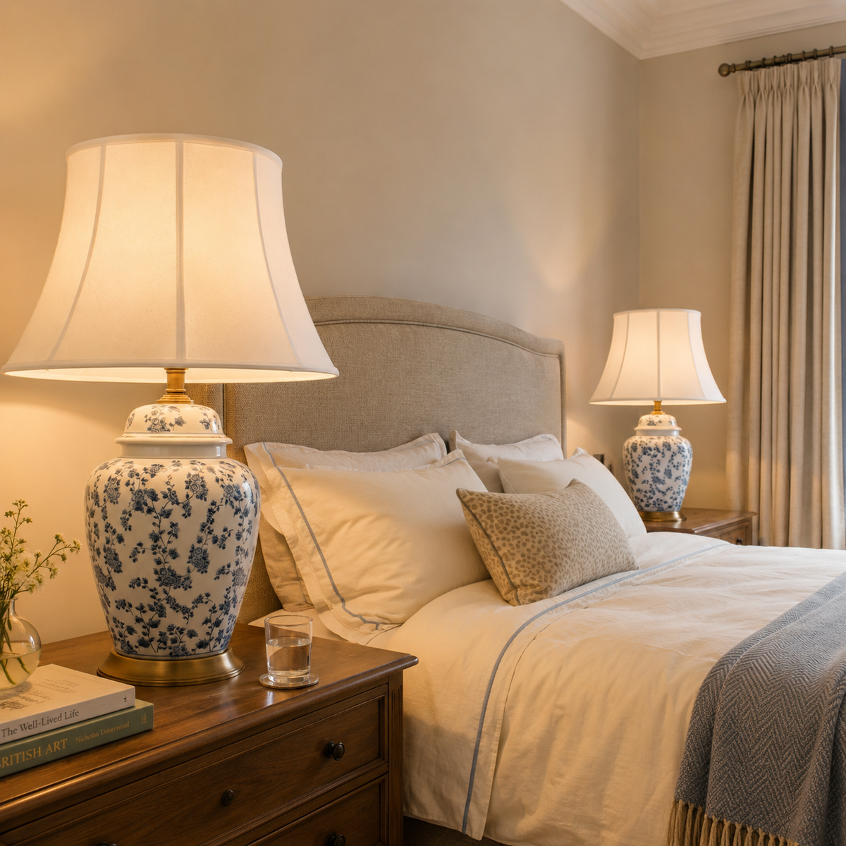 blue floral ceramic table lamp glowing on a bedroom nightstand