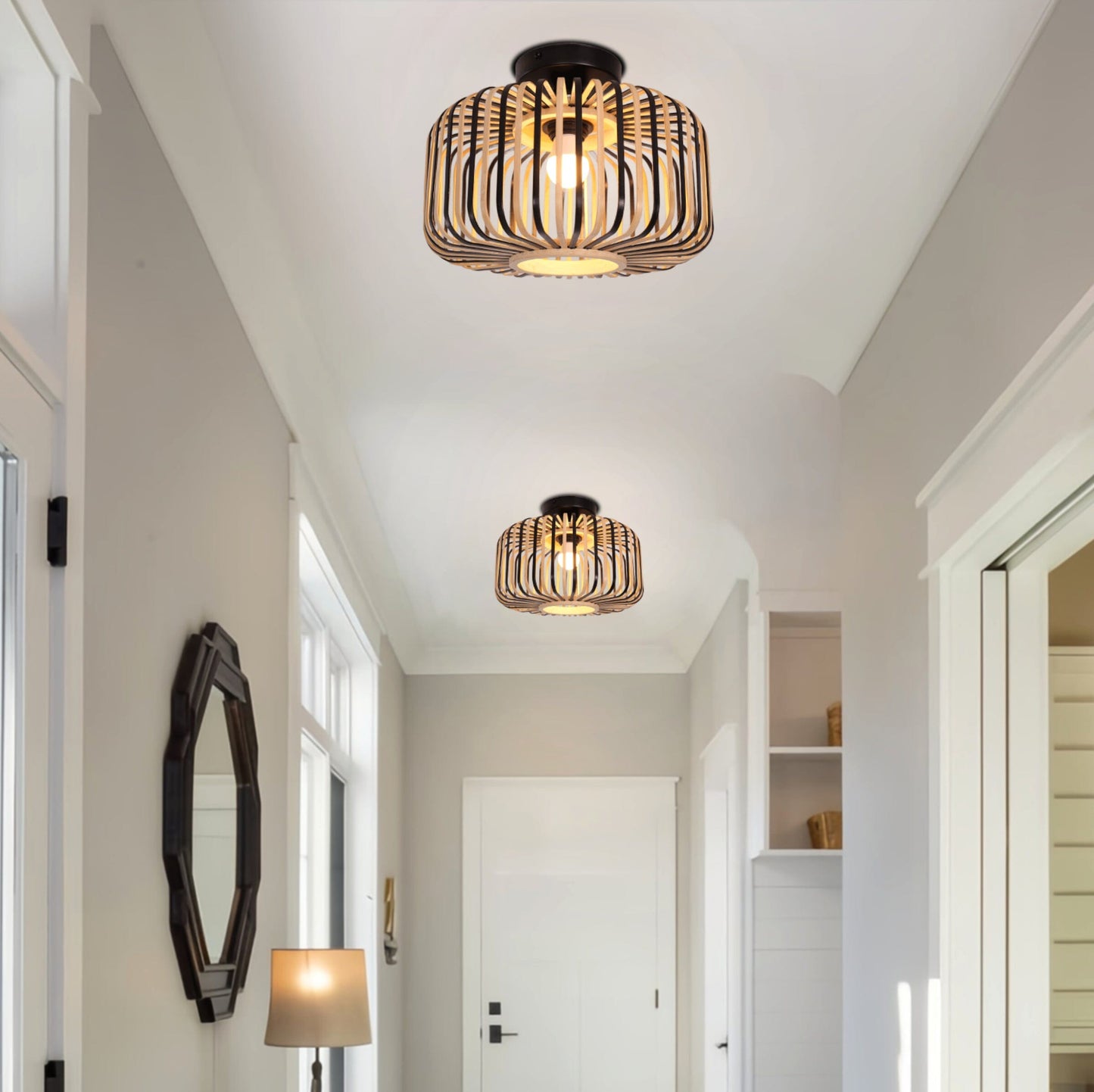Modern Black Handwoven Bamboo Ceiling Light Lightsin UK