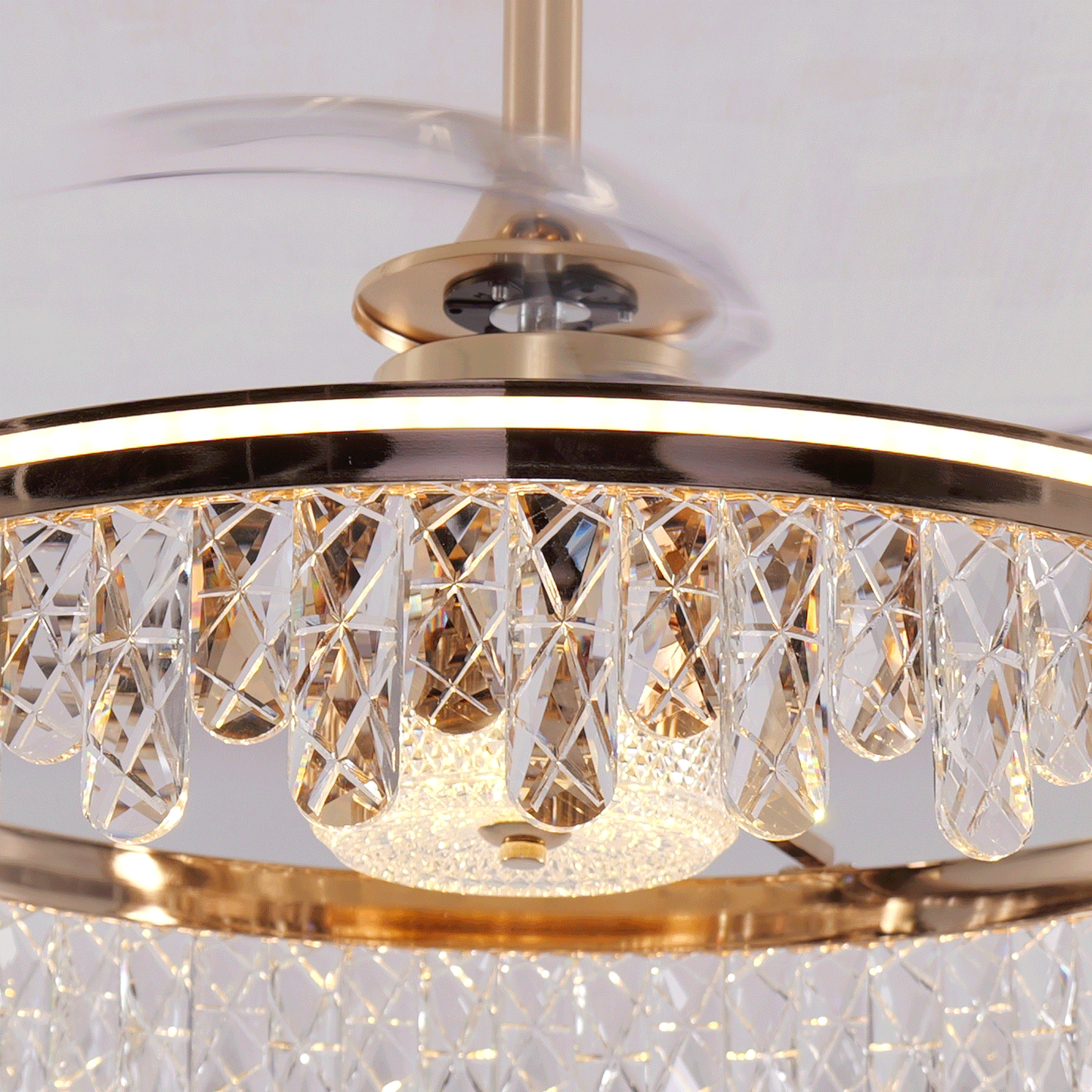 Gold crystal ceiling fan light animated product view