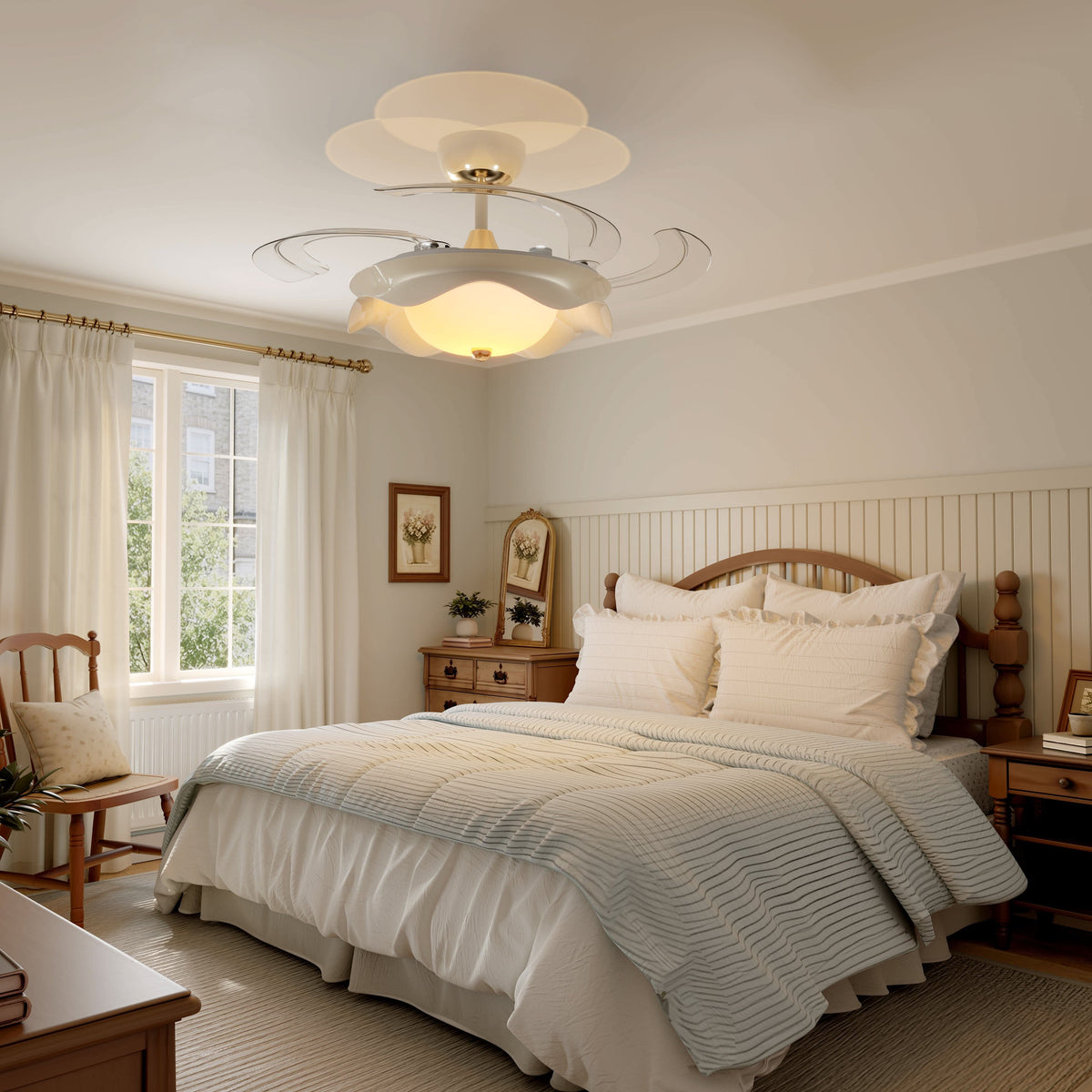 42 inch reversible ceiling fan with LED light in a neutral lounge setting