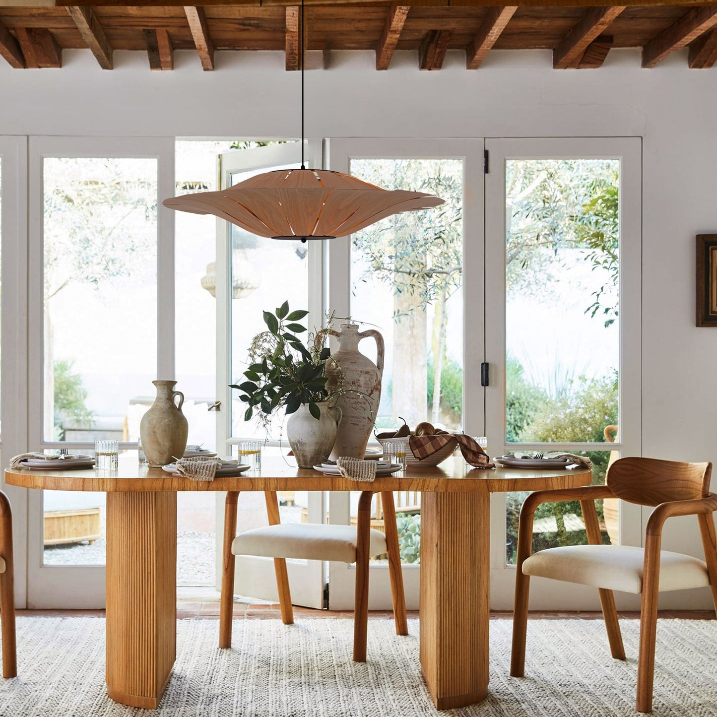 Large Wood Veneer LED Pendant Ceiling Light for Dining & Living Rooms