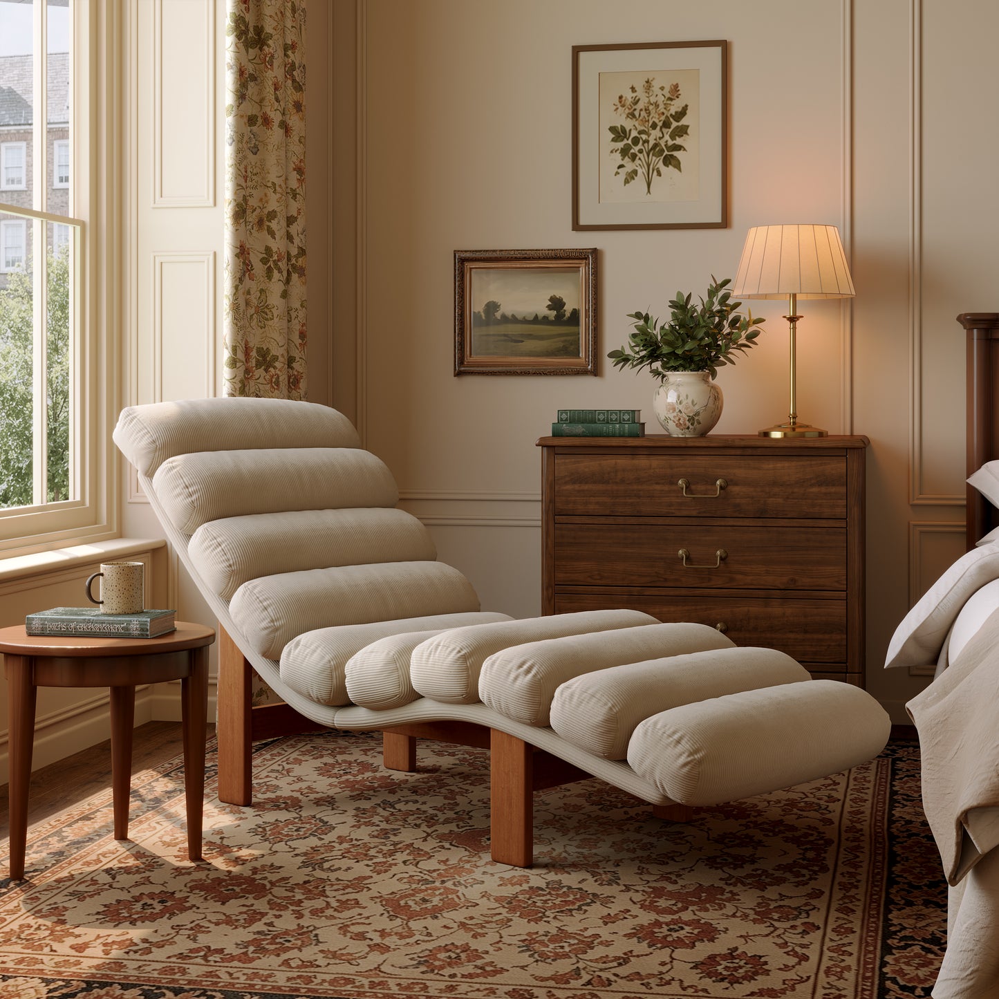 Modern Ergonomic Corduroy Chaise Lounge with Natural Wooden Frame