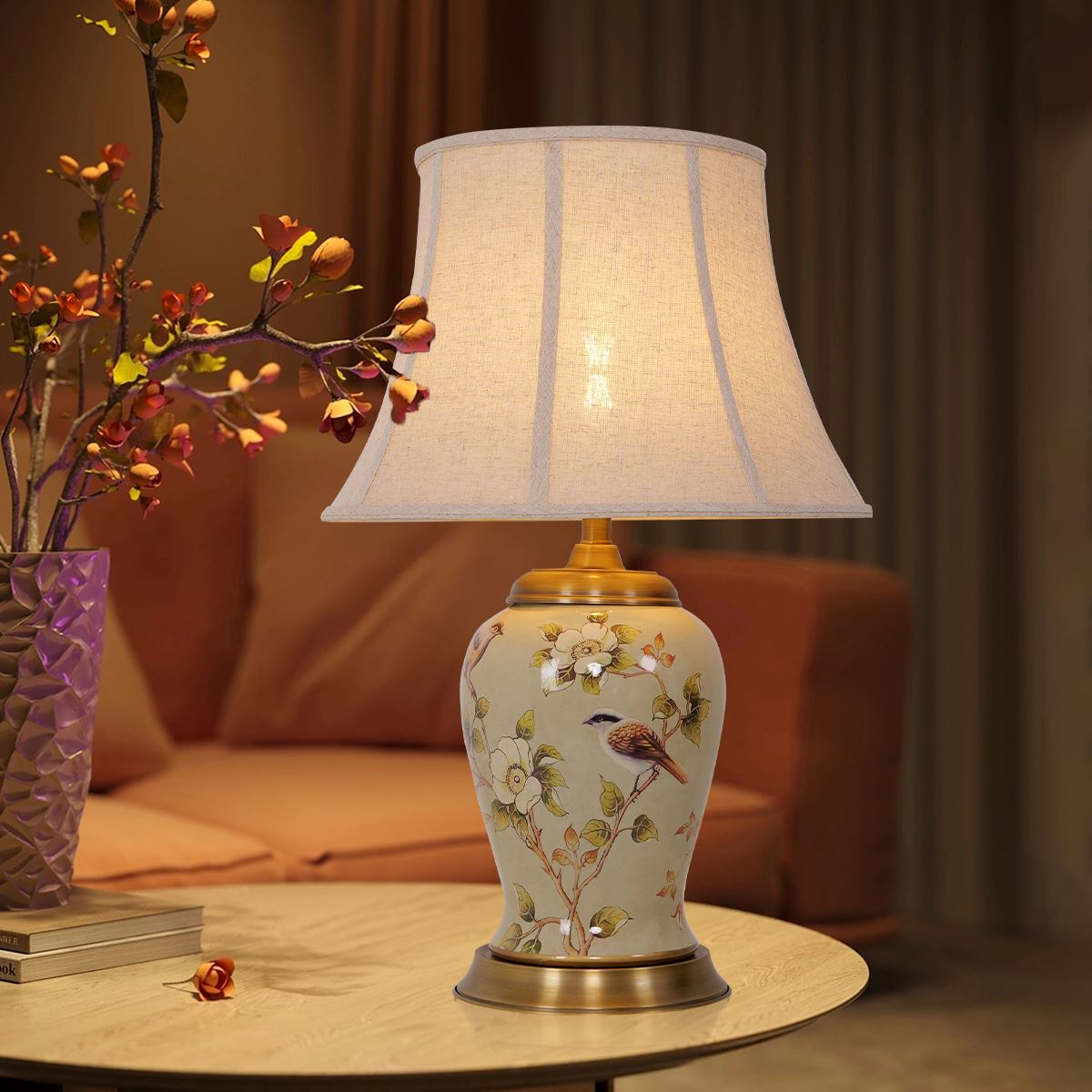 Living Nest UK Vintage Camellia Ceramic Table Lamp with Copper Base and Fabric Shade Living Nest UK