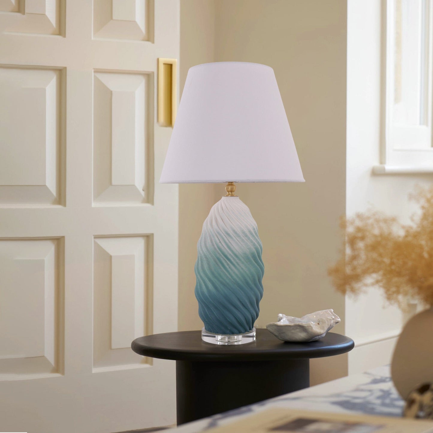 Lightsin 3D Blue Green White Gradient Threaded Ceramic Table Lamp with Fabric Shade Lightsin UK L