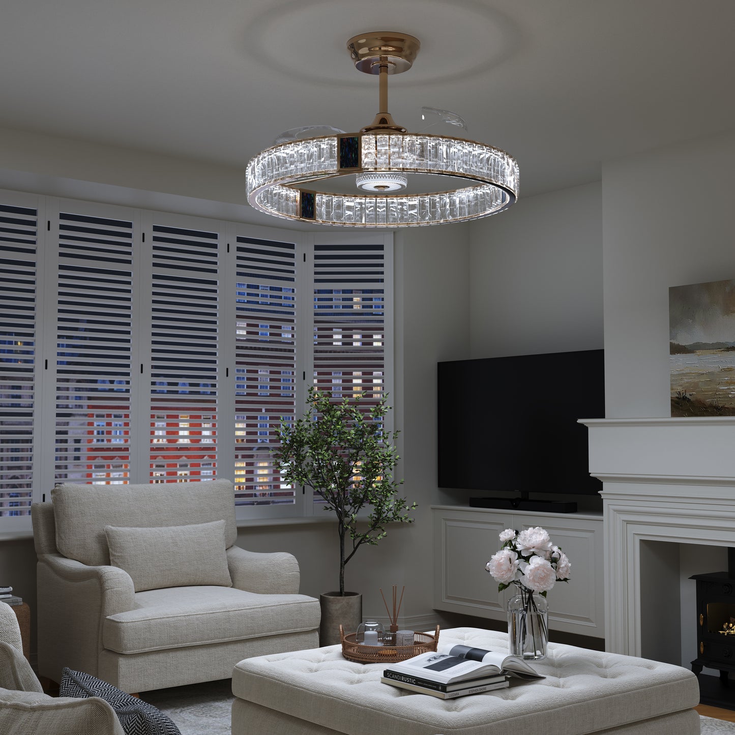 Gold crystal ceiling fan with LED light in a modern living room setting