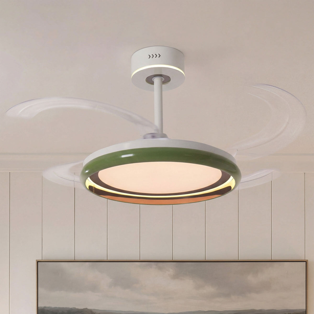 48 inch reversible ceiling fan with LED light highlighting the blade and light ring
