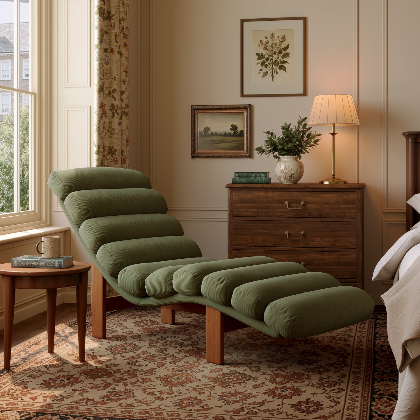 Modern Ergonomic Corduroy Chaise Lounge with Natural Wooden Frame