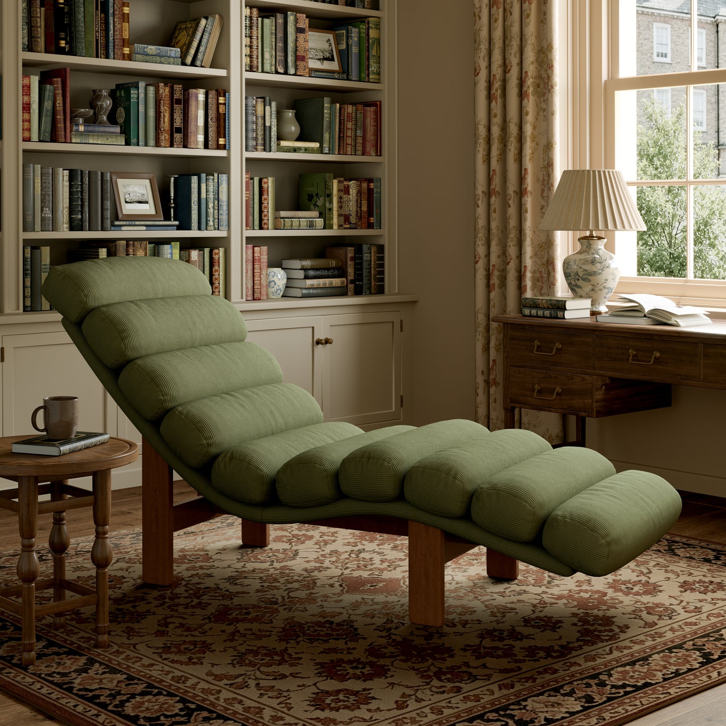 Modern Ergonomic Corduroy Chaise Lounge with Natural Wooden Frame
