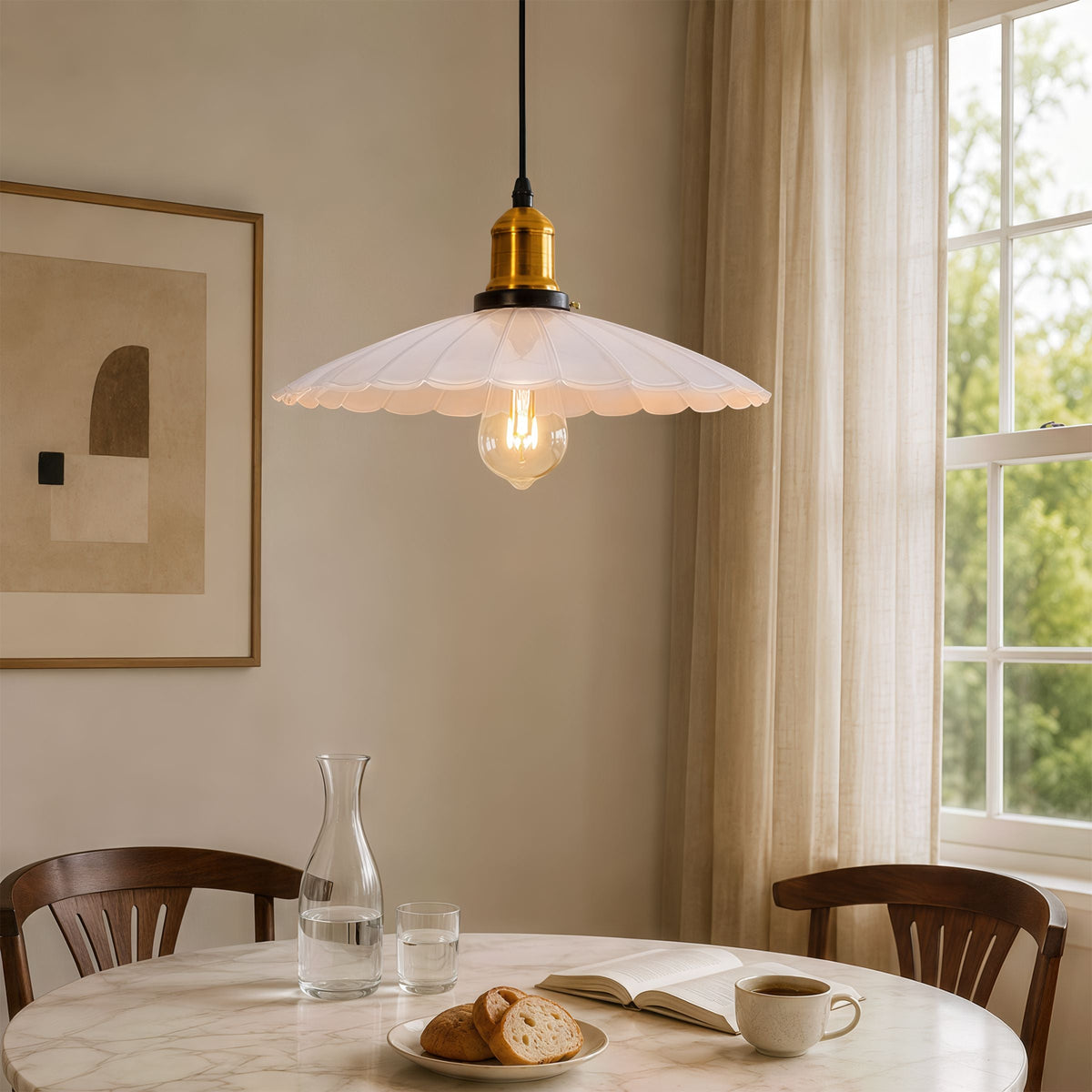 white iron pendant light in a warm living room