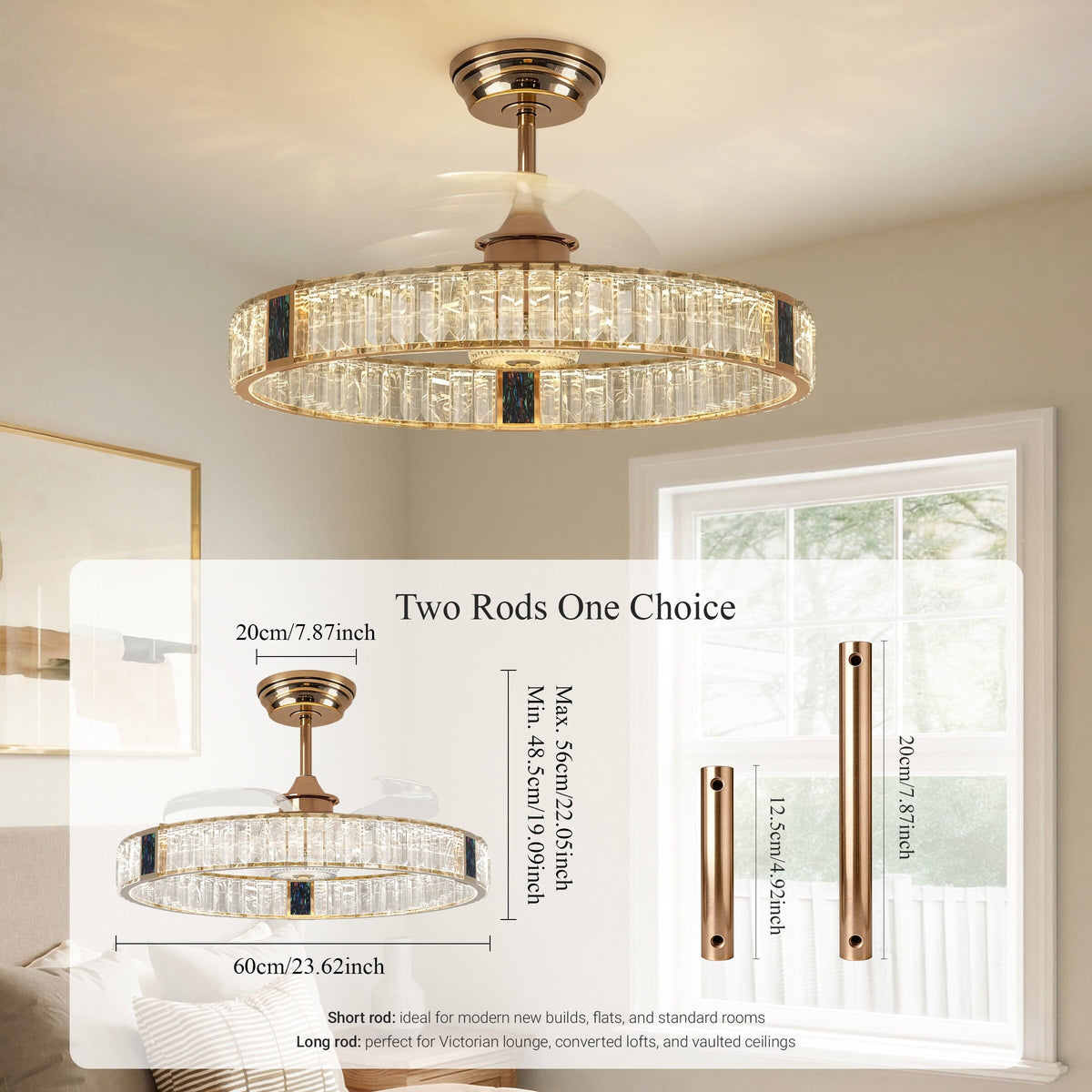 Lightsin 60cm Gold Crystal Ceiling Fan with LED Light, Remote Control & 6 Speeds Lightsin UK
