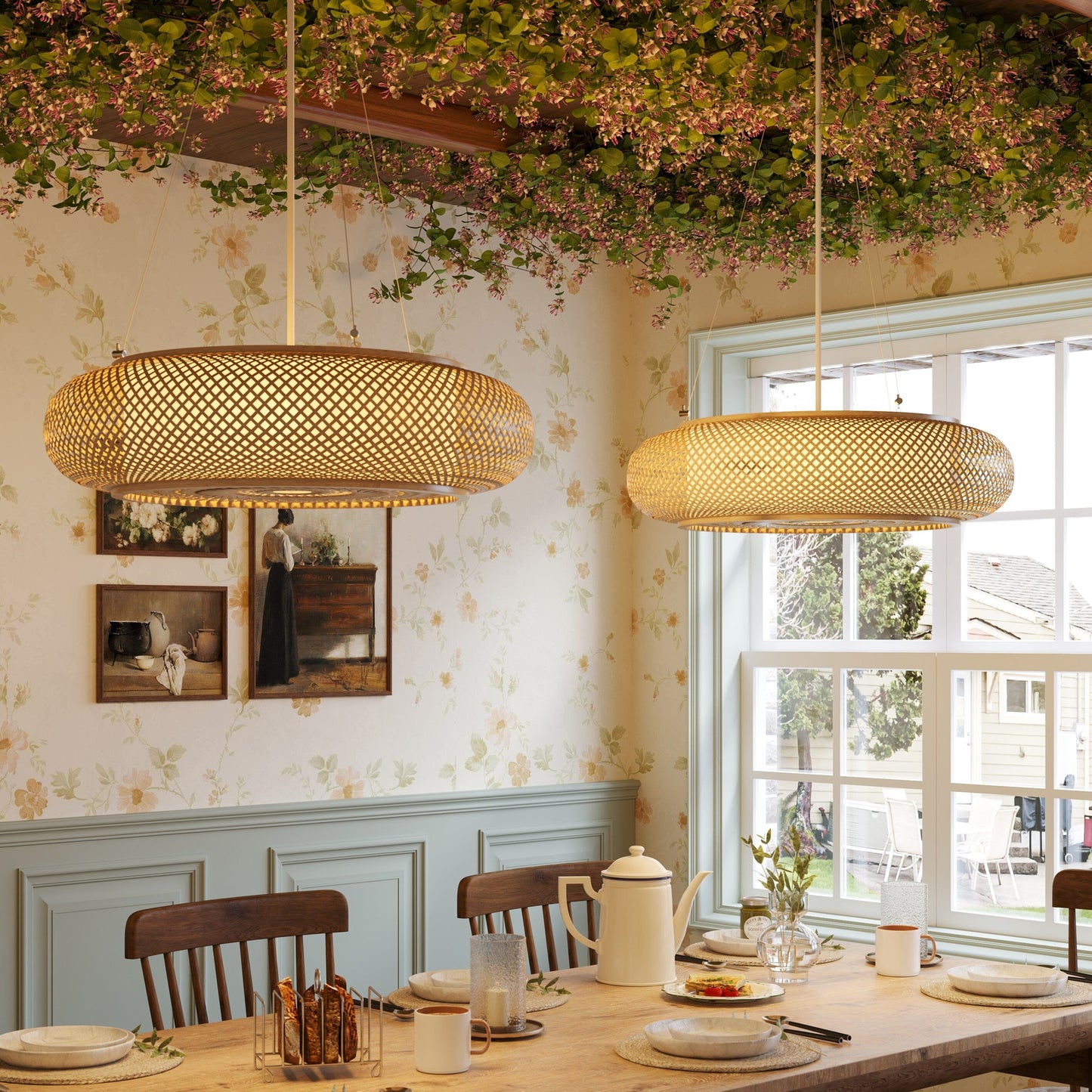 two bamboo rattan pendant lights by a dining room window