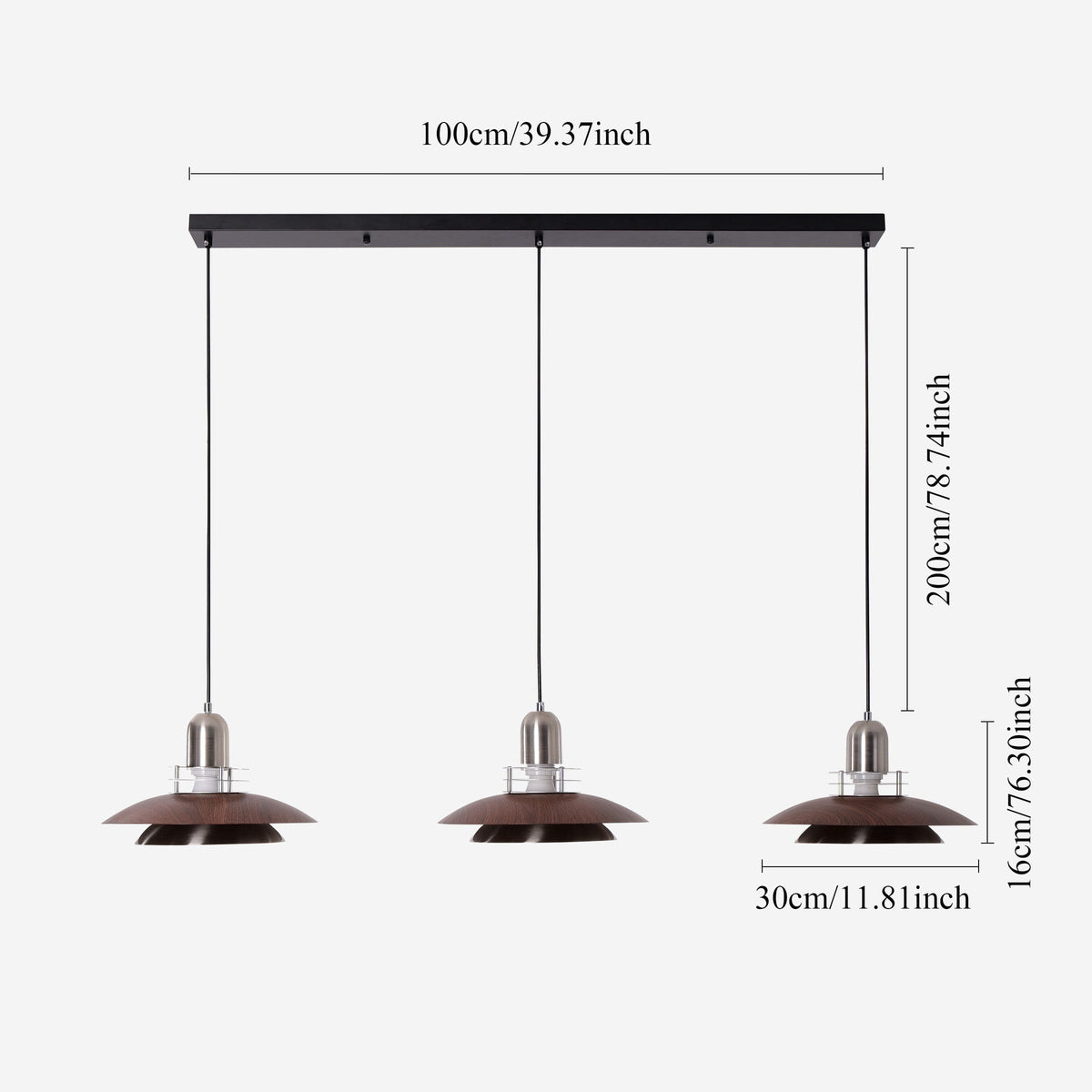 3-light walnut iron bar pendant with shade and canopy details