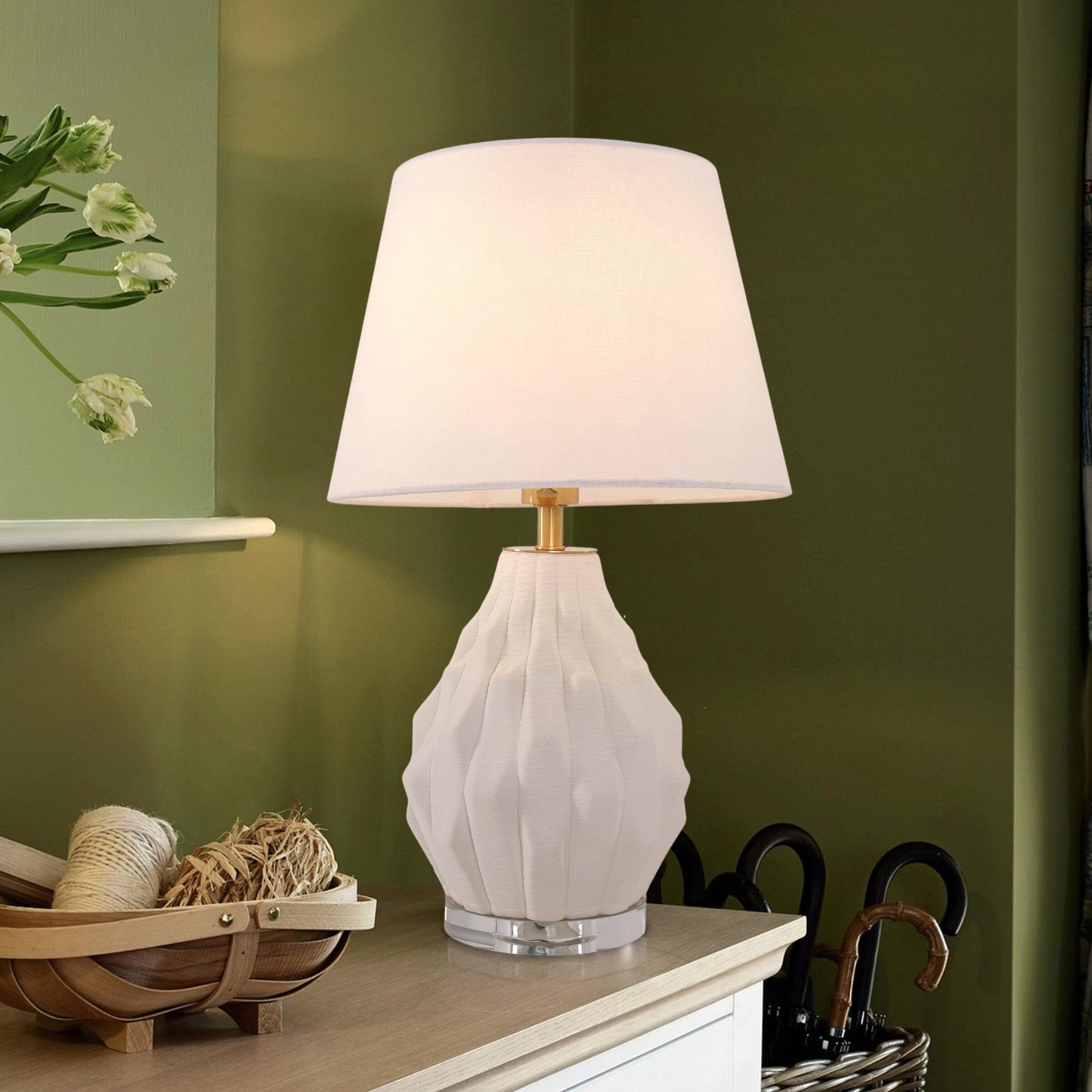 Lightsin 3D Pure White Polygonal Textured Ceramic Table Lamp with Fabric Shade Lightsin UK S