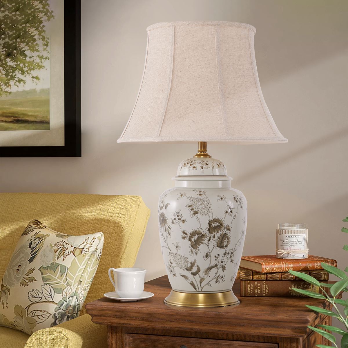 Lightsin Chrysanthemum Ceramic and Copper Table Lamp with Fabric Shade Lightsin UK