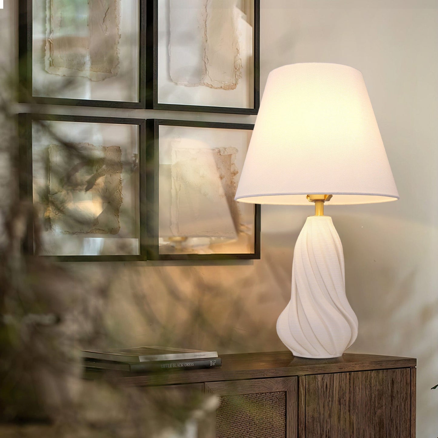 Lightsin 3D Pure White Ceramic Spiral Vase Table Lamp with Fabric Shade Lightsin UK S