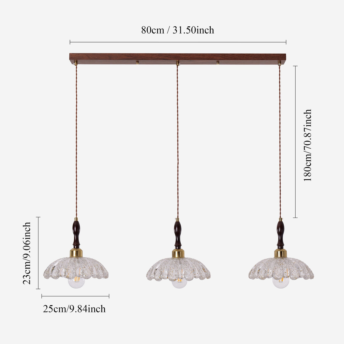 3-light walnut resin mini pendant with shade and canopy details