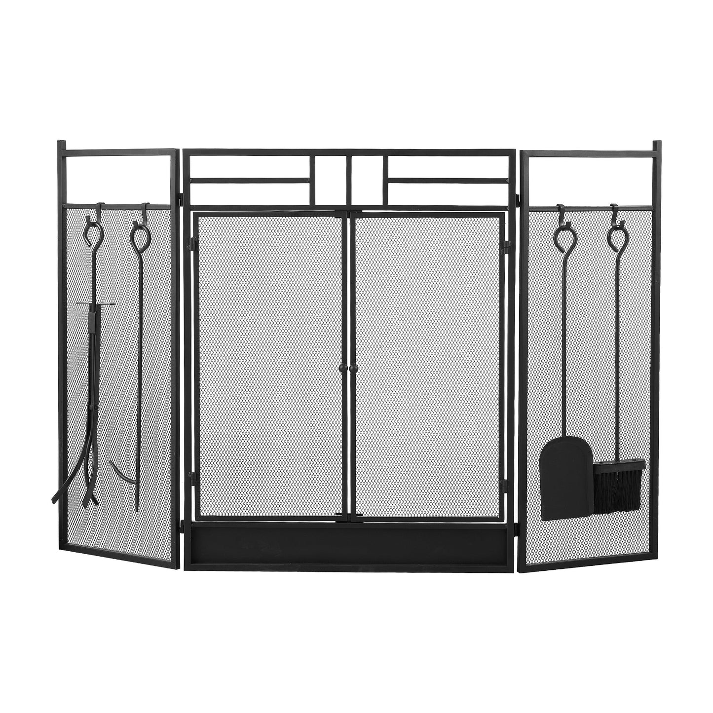 Iron Fireplace Screen with 4-Piece Tool Set Black Powder Coated – 122x1.3x80cm